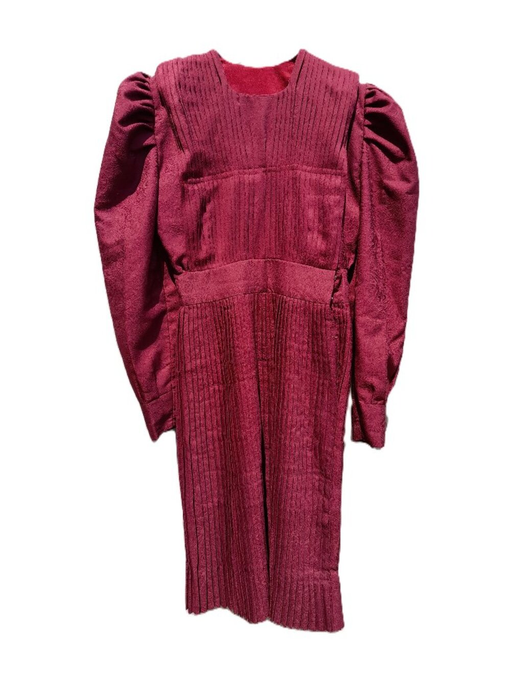 Vintage Mennonite Dress Pleated Burgundy Long Puffed Sleeves Handmade Old Colony
